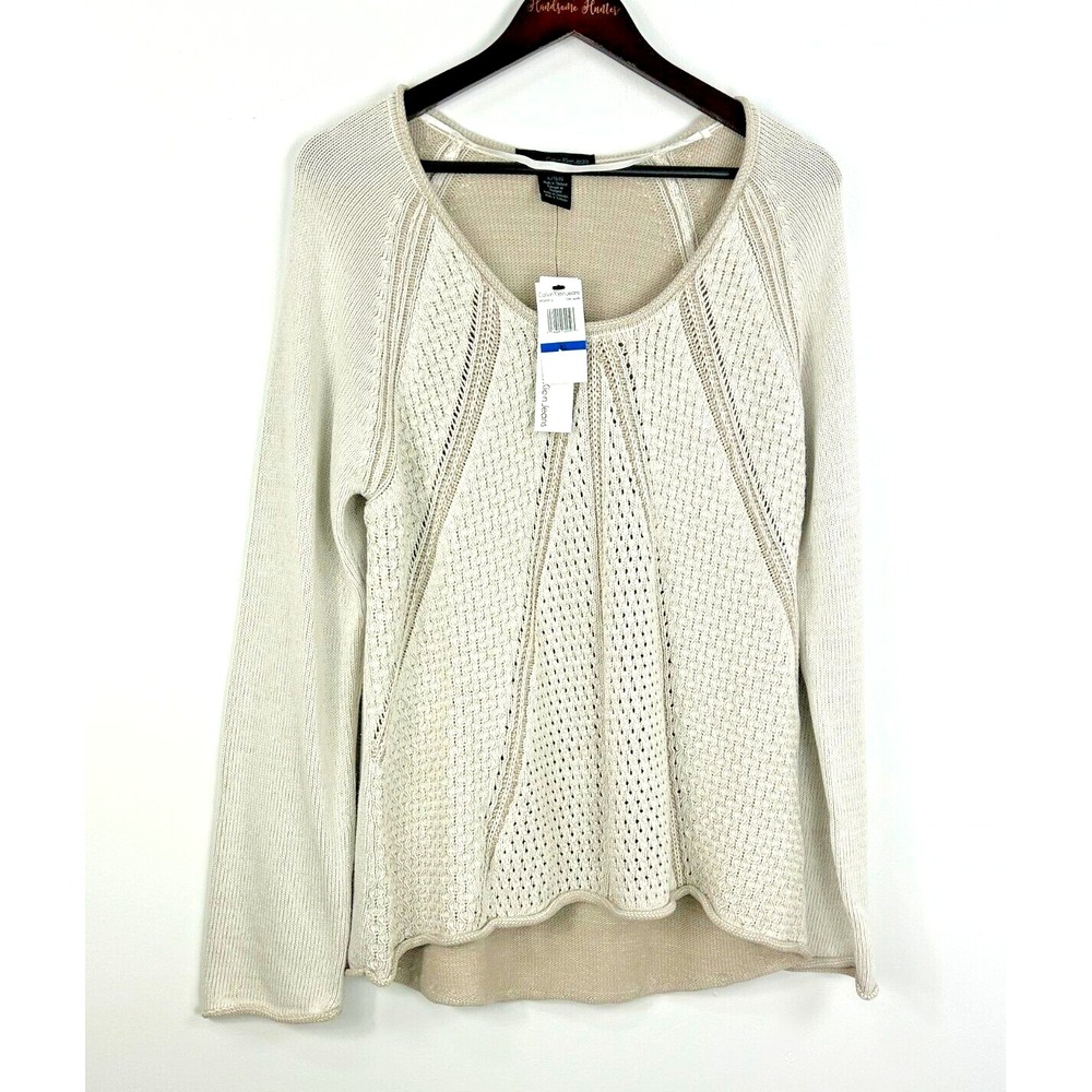 New Calvin Klein Women Beige Size XL Sweater Cotton Blend Soft Knit Pullover N4